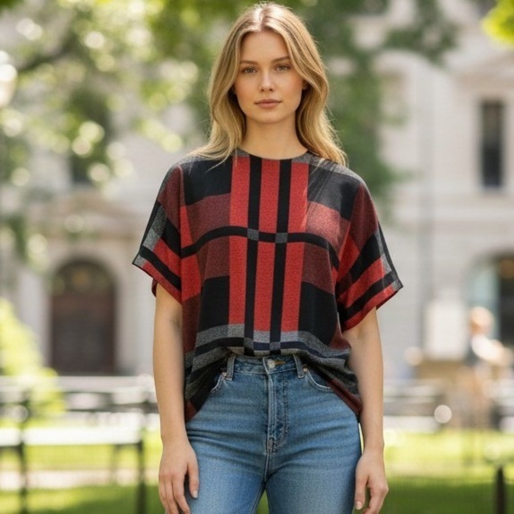 Chic Quiet Luxury Sportmax‎ Max Mara Red Black Plaid Silk Blouse Top Sz 4
